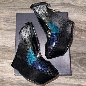 H BY HALSTON HELENA SEQUIN WEDGES - BLACK, BLUE, & SILVER